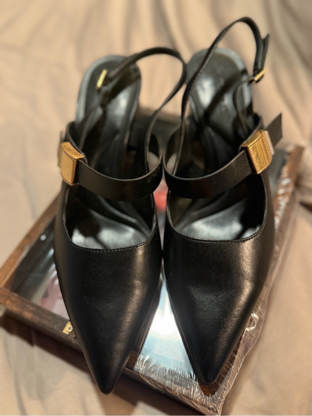 Charles & Keith Black Pointed Slingback Mules with Gold Buckle